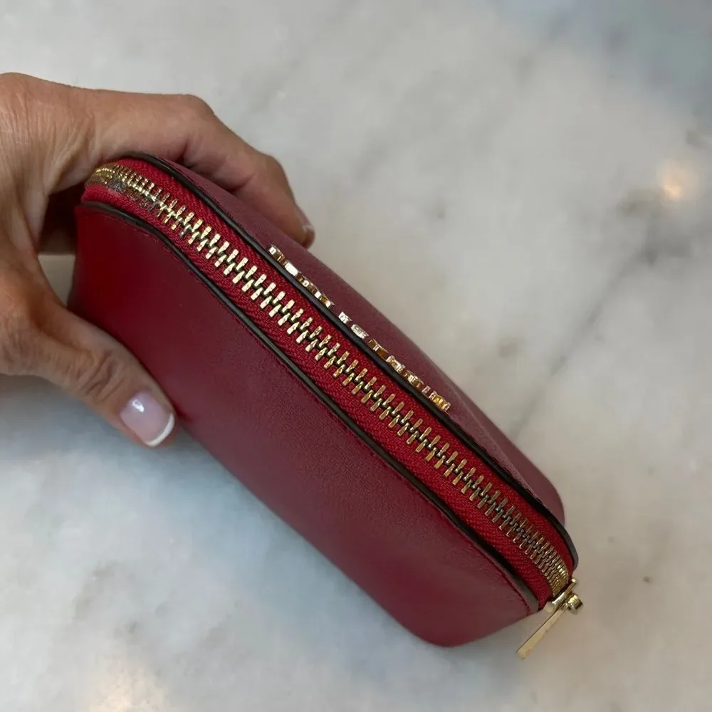 Michael Kors Travel Bag Cherry Red Leather Dome Cosmetic Case Pouch Clutch